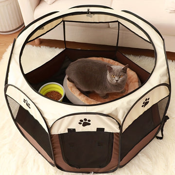 Foldable Octagonal Pet Playpen with Bed & Bowl
